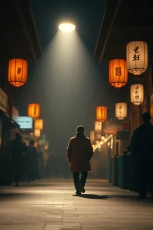 《长夜将明》竖版海报，雨夜街道两盏路灯与远处人影